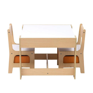 Precioso juego de mesa y sillas para niños en color blanco y natural, con tablero de pizarra reversible, almacenamiento debajo y cajones debajo de las sillas.
