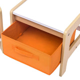 Este moderno juego de mesa y sillas para niños incluye cajones de tela naranja.