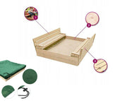 Kids large 1.2m wooden square sandpit with drawstring waterproof cover