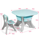 La mesa mide 50 cm de alto y el tablero de 70 x 70 cm.