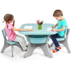 Mesa y sillas grandes, robustas y modernas para niños con almacenamiento | Gris y aguamarina | 3-10 años