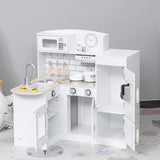 Narożna kuchnia zabawkowa, która również jest modułowa - w kolorze białym z kuchenką mikrofalową i zegarem