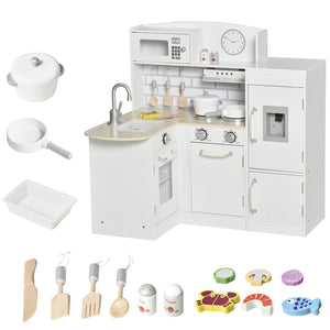Cozinha de brinquedo de madeira montessori de luxo | dispensador de água de trabalho | microondas | relógio | 14 acessórios
