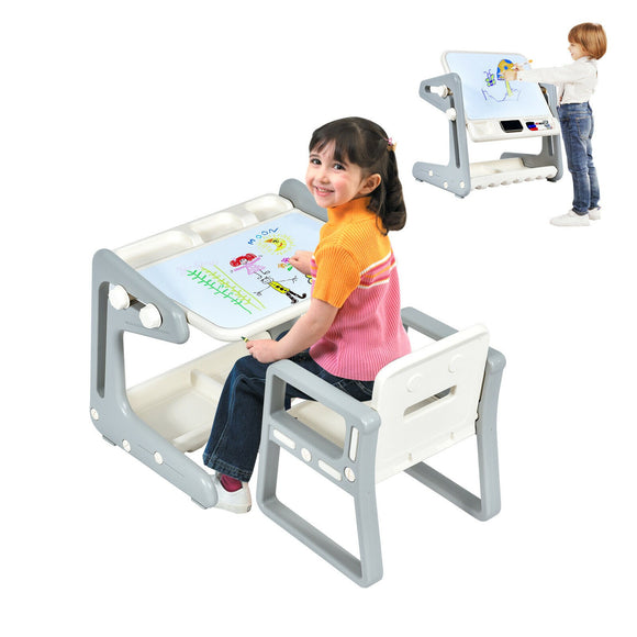 Children's 4-in-1 Table & Chair  | Height Adjustable Easel Whiteboard | Dry Wipe & Magnetic | Storage | 3 Years+