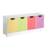 This toy storage unit with 4 large and colourful boxes is 120cm wide x 34cm deep x 43cm high