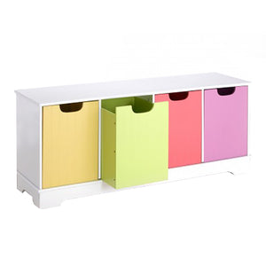 Este encantador banco y unidad de almacenamiento de juguetes de alta calidad, de 1,2 m de ancho, tiene cuatro cajas en cuatro colores dentro de un marco blanco.