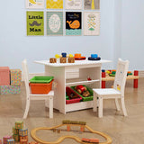 This white wood and MDF mix table and 2 chairs comes with easy remove storage bins in bright colours to store away all the kids toys and craft bits