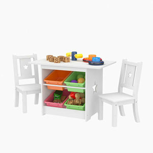 Juego de mesa y 2 sillas de madera para niños | 4 contenedores de almacenamiento vibrantes | Blanco | 3 años+