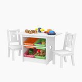 Kids Wooden Table & 2 Chairs Set | 4 Vibrant Storage Bins | White | 3 years+