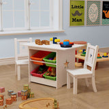 This white wood kids table and 2 chairs set in bright white with storage is ideal for bedrooms and playrooms