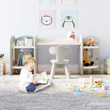 This 3-in-1 kids table and chair set in grey and white is truly unique - it is a table and chairs set, storage and a bookcase