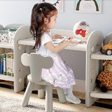 Dieses 3-in-1-Set aus Tisch und Stuhl, Stauraum und Bücherregal für Kinder hat im zusammengebauten Zustand die Maße: 150 x 35 x 62,5 cm