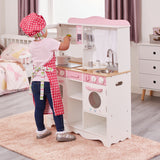ピンクの木製モンテッソーリおもちゃキッチン | カントリースタイルのおもちゃのキッチン 9 つのごっこ料理ツール付き