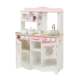 This lovely toy kitchen includes an oven with turning knobs, microwave and hob, a washing machine, sink and taps