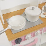 Our pink and white wooden toy kitchen includes Includes 9 high quality accessories for true role play