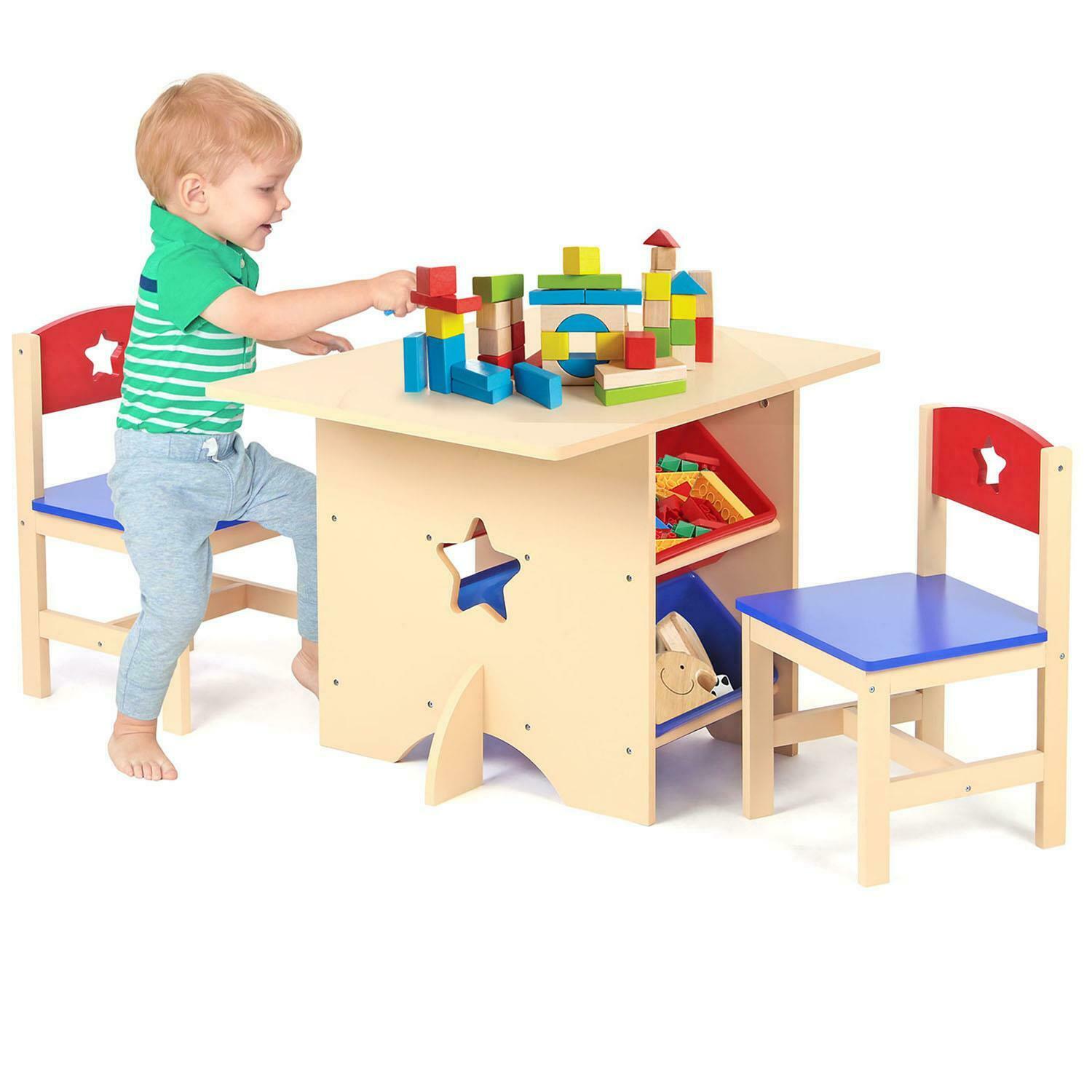 Kids Natural Wooden Table 2 Chairs Set with 4 Large Storage Boxes www.littlehelper