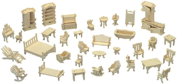 Montessori 34 Piece Dollhouse Furniture Set | Self Assembly Fun | Natural