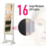 White LED Full Length Free Standing Mirror | 16 Large Marquee Lights | Jewellery Storage | 1.46m High
