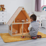 Stort Montessori reol dukkehus i træ med legetøj og bogopbevaring