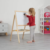 This easel not only comes with a double-sided board, it also comes with 5 pieces of chalk, 26 magnetic letters, dry wipe pens and a cleaning sponge!