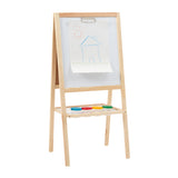 A double-sided easel with a chalkboard on one side and a magnetic dry wipe board with a paper clip on the other!
