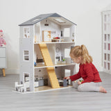 Großes, detailliertes und realistisches Montessori-Puppenhaus aus Holz | 3-stöckiges Puppenhaus | 18 Möbelstücke