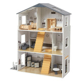 अपने समकालीन डिजाइन के साथ हमारे अद्वितीय तीन मंजिला गुड़िया घर में शांत ग्रे, सफेद और प्राकृतिक लकड़ी की आधुनिक रंग योजना है।