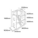 Gedetailleerde en realistische afmetingen van het houten poppenhuis: H: 88 x B:62 x D: 30 cm (B:75 inclusief terras) Alt-tekst bewerken