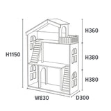 Esta estante de casa de bonecas e estante infantil tem 1,15 m de altura x 83 cm de largura x 30 cm de profundidade