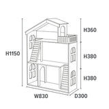 This dollhouse bookcase and childrens bookshelf is 1.15m high x 83cm wide x 30cm deep