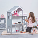 Großes hölzernes Montessori-Bücherregal für Puppenhaus | Bücherregal | Spielzeugaufbewahrung | Grau und Weiß