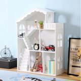 3-stöckiges Bücherregal aus weißem Holz und Puppenhaus in einem mit den Maßen 116 cm hoch x 83 cm breit x 31 cm tief