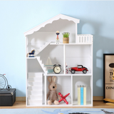 बालकनी और सीढ़ियों के साथ यह सुपर लंबा मोंटेसरी प्रेरित सफेद गुड़िया घर का बुककेस बच्चों के शयनकक्ष और खेल के कमरे के लिए बिल्कुल उपयुक्त है।
