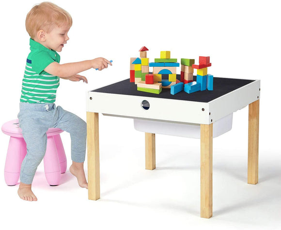 Kids 4-in-1 Wooden Multi-activity Table | Reversible Desk Top | Blackboard Desk | Storage | Pink Stool