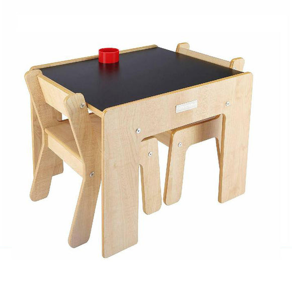 Little Helper FunStation Duo Chalky kids wooden table & 2 chairs set with chairs storing neatly under the table when not in use