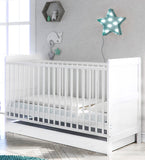 Italian inspired, this collection of nursery furniture is in a crisp white, timeless finis