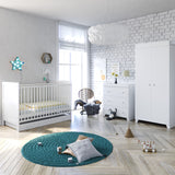 This Italian-Inspired White Nursery Room Set includes cot bed with mattress, dresser, changing station and double wardrobe.