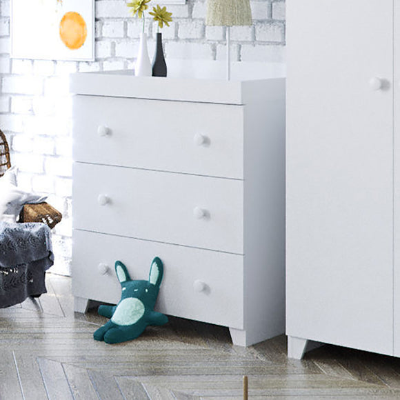 This crisp white Italian-inspired baby changing unit and chest of drawers has 3 easy-glide full-length drawers