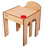 Little Helper FunStation barnbord och stolar i naturligt trä som visar mått på bord och stol