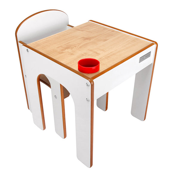 Wooden kids table and chairs from award company Little Helper - natural and white finish with inset pen/paintbrush pot holder
