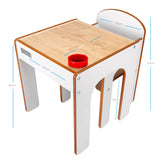 Zestaw stolików i krzeseł dla dzieci Little Helper FunStation w kolorze białym i naturalnym drewnianym, pokazujący wymiary stołu i krzeseł