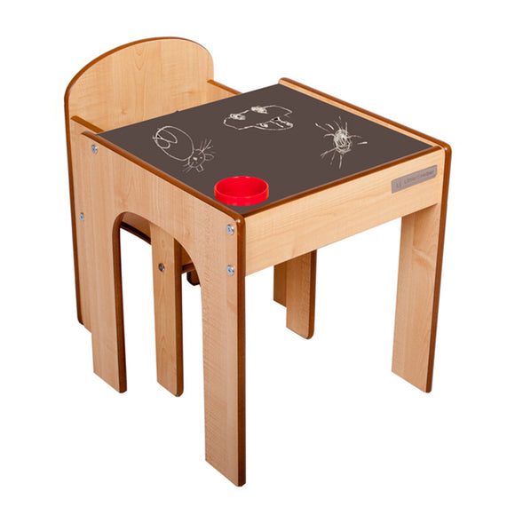 Wooden kids table and chairs from award company Little Helper - natural with chalkboard desk and inset pen/paintbrush pot