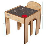 लिटिल हेल्पर फनस्टेशन प्राकृतिक लकड़ी की बच्चों की मेज और कुर्सियों का सेट चॉकबोर्ड डेस्क सतह के साथ माप दिखाता है