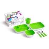 10 piece toddler cutlery, 2 plates, bowl and juice cup in lime and white
