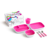 10 stk småbarnsbestikk, 2 tallerkener, bolle og saftbeger i rosa og hvitt