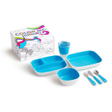 10 piece toddler cutlery, 2 plates, bowl and juice cup in turquoise and white