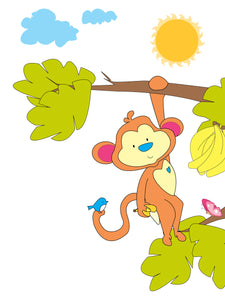 40 x 30cm natural wooden frame with strut with a white mount featuring a colourful monkey print for bedrooms or playrooms