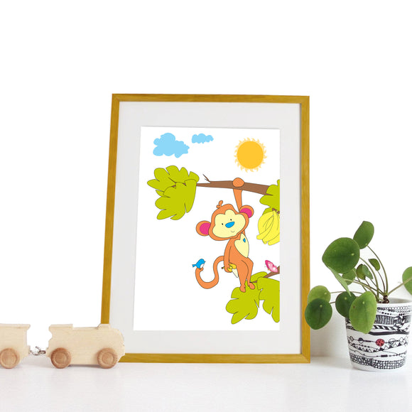 40 x 30cm natural wooden frame with strut with a white mount featuring a colourful monkey print for bedrooms or playrooms