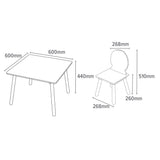 Abmessungen: Tisch 60 x 60 x 44 cm, Stühle 26,8 x 26,8 x 51 cm.