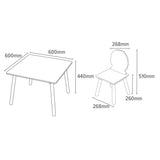 Dimensiones: Mesa 60 x 60 x 44cm Sillas 26,8 x 26,8 x 51cm.